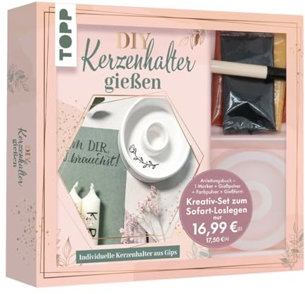 Kreativ-Set - Kerzenhalter gießen: Buch (48 S., DIN A5, Hardcover), Gießform, Kreativ-Beton in weiß, Farbpulver in Terrakotta, Schwarz und Gelb, Acrylmarker in Schwarz (Kreativ-Sets)