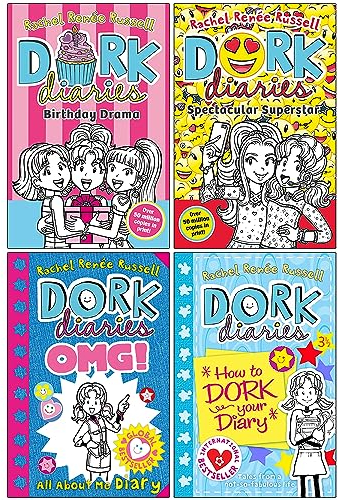 Dork Diaries Series Collection 4 Bücherset von Rachel Renee Russell (Birthday Drama!, Spectacular Superstar, Dork Diaries OMG All About Me Diary, Dork Diaries 3 ½ How to Dork Your Diary)