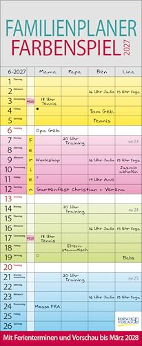 Familienplaner Farbenspiel 2027: Familienkalender für 4 Personen, bunt mit Ferienterminen, Vorschau bis März 2027 und nützlichen Zusatzinformationen.