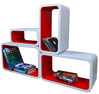 Cube Verstärkte Vielen Farben MDF Retro Design 4er Set Regal Regale Wandregal Deko Würfel CD DVD Lounge LO01 (Weiß/Rot)