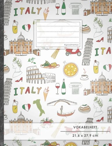 Vokabelheft: DIN A4 • 50+ Seiten, Soft Cover, Register, 2 Spalten, Erfolgs-Tacker, Italienisches Muster • Original #GoodMemos Schulheft • Sprachen und Vokabeln leicht lernen, Lineatur 53