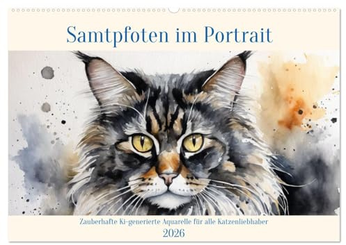 Samtpfoten im Portrait (Wandkalender 2026 DIN A2 quer), CALVENDO Monatskalender: Zauberhafte Ki-generierte Aquarelle für alle Katzenliebhaber (CALVENDO Tiere)