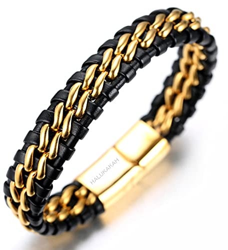 HALUKAKAH ● Solo ● Men's Genuine Leather Titanium Bracelet Black & Golden 8.46(21.5cm) with Free Giftbox