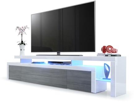 Vladon TV Board Lowboard Leon V3, Made in Germany, Korpus und Überbau in Weiß Hochglanz/Front in Avola-Anthrazit mit Rahmen in Weiß Hochglanz inkl. LED Beleuchtung (227 x 52 x 35 cm)