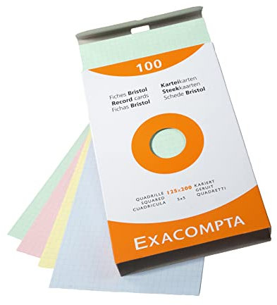 Exacompta - Réf. 13273E - Étui de 100 fiches bristol quadrillées 5x5 non perforées - format 125 x 200 mm - compatibles avec imprimante jet d'encre, laser et photocopieur - couleurs assorties