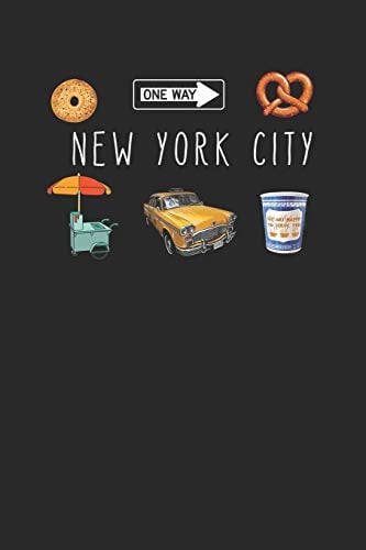 New York City: Notebook with 200 College Ruled Pages. With Classic Symbols of New York City: Bagel, Pretzels, a Checker Yellow Cab, a Greek Coffee cup and a Hot Dog Stand