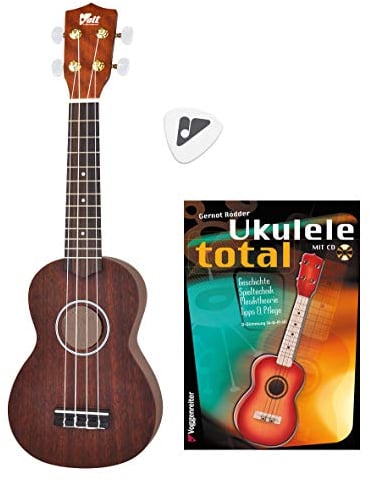 VOLT Complete Ukulelen-Set, 0401-6, Sopran Ukulele, 17 Bünde, Decke, Zarge und Boden aus Sapelli-Holz, klingt sauber und warm, ab 10 Jahre