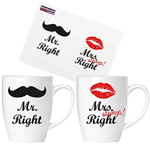 BRUBAKER Mr. Right & Mrs. Always Right Tassen Set - Kaffeetassen für Hochzeitsgeschenk und Geschenk für Paare - 2 Kaffeebecher 300 ml mit Grußkarte und Geschenkpackung