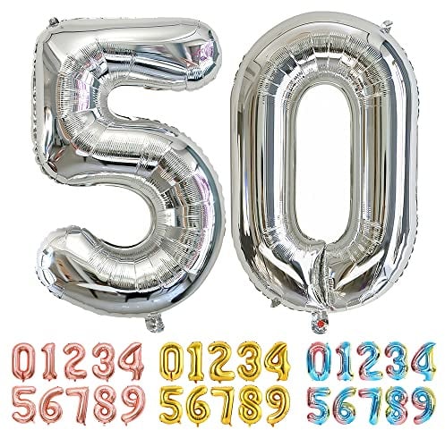 Ponmoo Luftballons Zahlen 50 Silber, Riesen Nummer 0 1 2 3 4 5 6 7 8 9 10-19 20-29 30-39 40 50 60 70 80 90 100, groß Folienballons für Hochzeit Jubiläum, Geburtstagsballons Party Dekoration