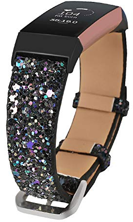 JOHIPI Bling Bands Kompatibel mit Fitbit Charge 4/Charge 3/Charge 3 SE Band, Frauen Armband Glänzend Glitzer Leder Ersatzbänder Fitbit Charge 3/Charge 4 Fitness Tracker Armbänder (Schwarz)