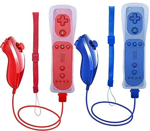 Tevodo Lot de 2 manettes Wii et Nunchuck compatibles avec console Wii Wii U Rouge et bleu foncé