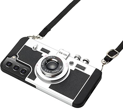 Hokycusvi Emily in Paris Phone Case for Samsung Galaxy S22, 3D Retro Camera Phone Cover Crossbody case with Neck Strap for Girls Women Black