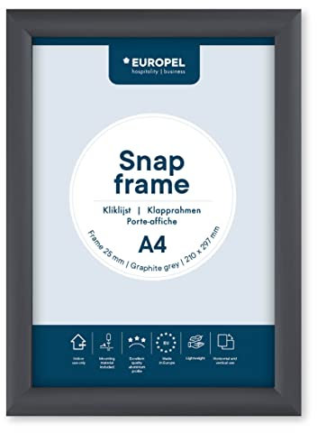 Europel leichte Klapprahmen DIN A4, Easy-Click System, Profil 25x11 mm, Farbe Graphitgrau, eloxierte Aluminium und blendfreie Schutzfolie, Außenmaß 241x328 mm, grau Polystyrol Rückseite