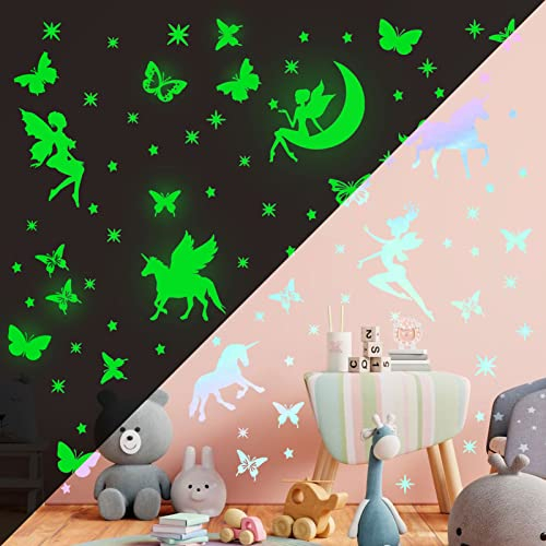 Leuchtsterne Wandtattoo Einhorn Schmetterling Fee Sternen Leuchtsticker Wandsticker Einhorn Kinderzimmer Leuchtaufkleber Selbstklebend Fluoreszierend Aufkleber Wanddeko für Mädchen Geschenke