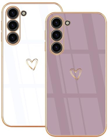 Lonrapa 2 Stück Samsung Galaxy S23 Handyhülle Cute Herz Muster Motiv Hülle für Mädchen Frauen Farbe Galvanisierte Ultra Dünn Weich TPU Silikon Stoßfest Schutzhülle Galaxy S23 Case Cover - Weiß & Lila