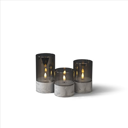 Konstsmide LED Kerzen, 3er-Set, smokey grey, mit Glas und 6h Timer, 1 flackernde warm weiße Diode, batteriebetrieben, Innen, 0,06W, 2 x AA 1.5V (exkl.) - 1819-300