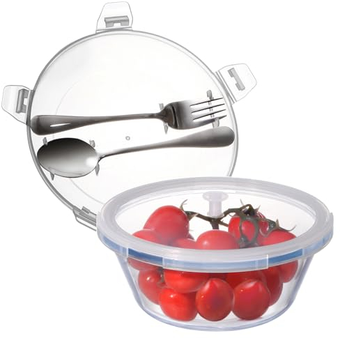 NUTRIUPS 0.6L Glass Bento Box with Stainless Steel Spoon and Fork, Round Glass Storage Containers with Lids, Glass Food Container with Airtight Lids, Microwave & Oven Safe-Round