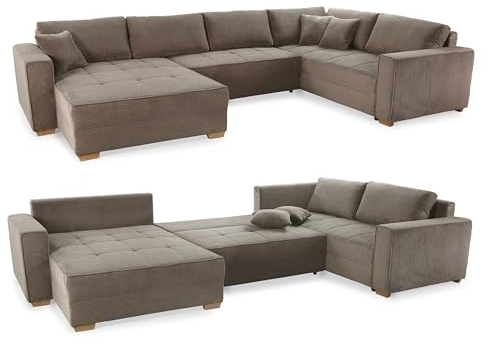 Modische Cord Wohnlandschaft U-Form 379 cm breit, Sofa mit Schlaffunktion und Bettkasten, Wellenunterfederung, spiegelverkehrt montierbar, Bezug Cordstoff in Braun Taupe / 15197