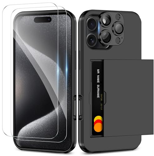 Coolden for iPhone 16 Pro Case with Card Holder & 2 Screen Protector + 1 Camera Lens Protector Full Body Heavy Duty Protective Case Shockproof Wallet Case Cover for iPhone 16 Pro Phone Case-Black