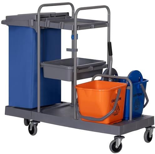 HOMCOM Carrello Pulizie Professionale a 3 Ripiani con Sacco per Immondizia, Ganci per Scopa, Secchio Lavapavimenti con Strizzatore per Mocio e 5 Ruote, per Hotel e Albergo, 111x63.3x103 cm, Grigio