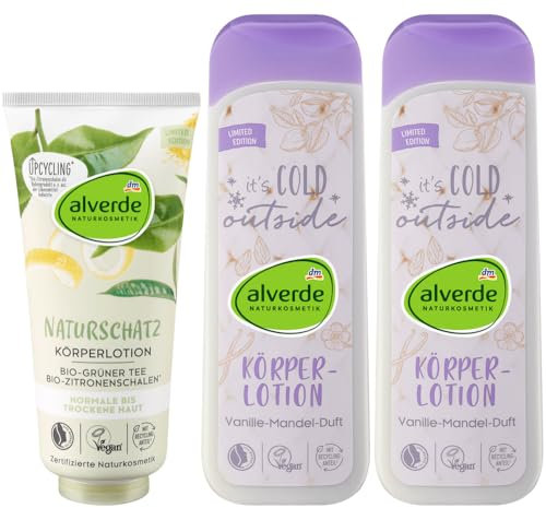 alverde NATURKOSMETIK 3er-Set Hautpflege: Körperlotion Naturschatz BIO-GRÜNER TEE & BIO-ZITRONE mit frischem Duft (200 ml) + Bodylotion IT'S COLD OUTSIDE mit Vanille-Mandel-Duft (2 x 250 ml) 700 ml