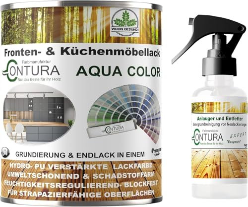 Contura Küchenmöbellack GLÄNZEND nach RAL Möbellack SET mit Anlauger Möbelfarbe streichen ohne schleifen Holzlack Buntlack Küchenlack (Grauweiß RAL 9002, 750ml. + 250ml. Anlauger)