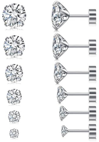 LAURITAMI 6 Stück Ohrstecker Set 3-8mm Zirkonia Eingelegt Ohrstecker Silber,20G Chirurgenstahl Medizinische Ohrstecker Knorpel Ohrringe für Damen und Herren Mehrfache Piercings Schmuck