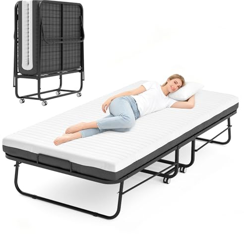 FentyOE Klappbett 80x190 cm Erwachsene mit ca.13 cm Matratze aus Gedächtnisschaum Gästebett Klappbar Metallrahmen Klappbetten mit Rollen Reisebett Faltbares Metallbett Stabil bis 210 kg belastbar