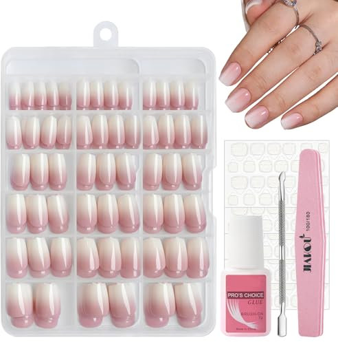 240Pcs French Ombre Press on Nails Set, Natural Gradient Pink False Nails Kit, Ombre Square Fake Nails Pink Tips Long, 12 Sizes Glossy Full Cover Stick on Nail with Glue for Women Girls Nails Art