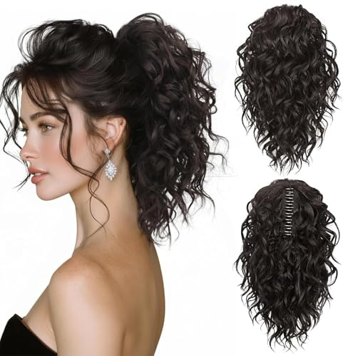 Ponytail Extension mit Klammer 30 cm, Pferdeschwanz Haarverlängerung Zopf Locken Curly, Haarteil Clip-In Schwarz im Streetstyle, für Damen Alltag & Party (Dunkelbraun)