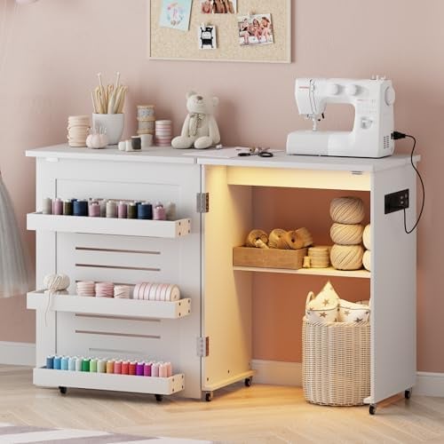 Nähtisch klappbar mit Ladestation und Led Beleuchtung,Weiß