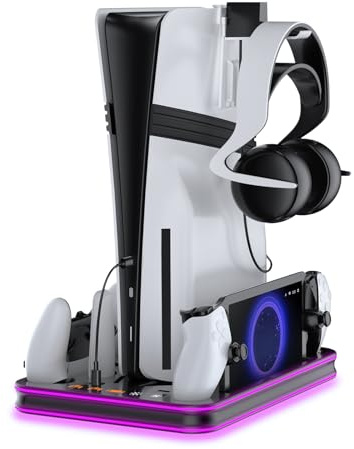 JOYTORN Dock di gioco colorato multifunzionale compatibile con supporto PS5/PS5 Slim/PS5 Pro, adatto per stazione di ricarica doppio controller PS5 con luci RGB, viene fornito con un supporto per