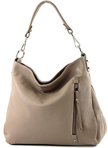 modamoda de T183 Damen Schultertasche Handtasche Tragetasche Echtleder Groß handmade in Italy, Farbe:Graubeige