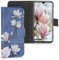 kwmobile Wallet Case kompatibel mit Samsung Galaxy A40 Hülle - Cover mit Ständer und Kartenfächern - Magnolien Taupe Weiß Blaugrau