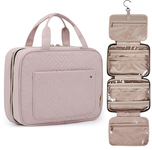 BAGSMART Toiletry Bag Travel Bag with Hanging Hook, Water-resistant Makeup Cosmetic Bag Travel Organizer for Accessories, Shampoo, Full-size Container, Toiletries (Baby Pink, Medium)