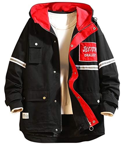 Xmiral Kapuzenjacke Herren Rei遶erschluss Buchstabe Patchwork M鋘tel Jacke mit Kapuzen Knopf Multi-Tasche Sweatjacke Herbst Winter Sweatshirt(Schwarz,3XL)