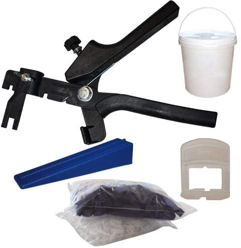 Karl Dahm Fliesen Nivelliersystem/Fliesenkeile Nivelliersystem für 2 mm Fugen: Nivellier-Zange + 100 Keile + 300 Zug-Laschen für Fliesenstärke 0-12 mm I Professionelle Fliesen Verlegehilfe – 12057