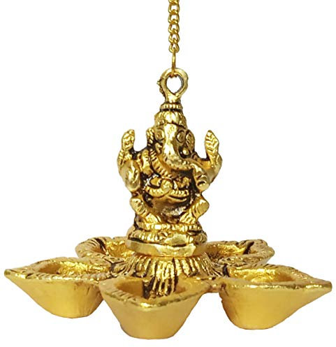 Purpledip Hängende Öllampe aus Metall Diya Ganesha & 5 Lichter: Panchbatti Neela Vilakku in goldenem Finish (12193)