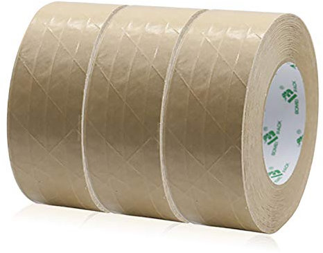 BOMEI PACK 3 Rolls Strong Brown Paper Packaging Tape,Recyclable Reinforced Kraft Paper Tape Self Adhesive Paper Gummed,48mm x 50m for Heavy Duty Moving Box Sealing