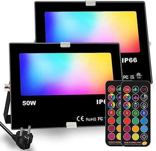 HEKEE Led Strahler Außen, Farbwechsel, DIY-Blitzmodus, RGB Led Fluter 12 Farben, Timer, Fernbedienung inklusive, IP66 wasserdicht (2 Packungen)