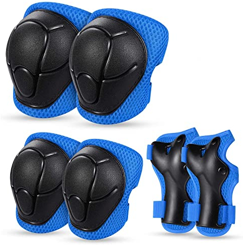 Knieschoner Set Kinder Inliner 6 in 1 mit Tasche, Fahrrad Fussball Ellbogenschützer Schützer Verstellbar Knieschützer, Handgelenkschoner für 3-14 Jahre Teenager Skaten Roller Skateboard (Blau)