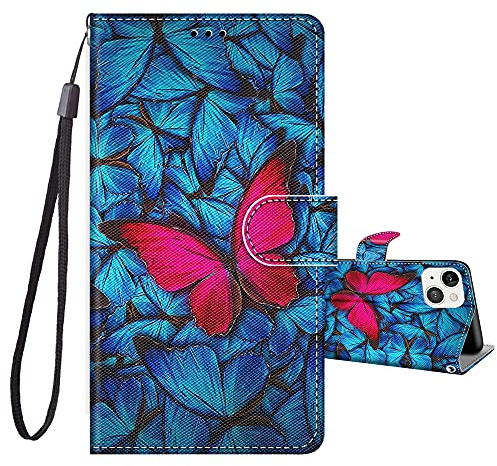 JRIANY Wallet Flip Case for iPhone 13 with Card Holder, Butterfly | PU Leather Phone Case with Card Slots, Cute Pattern Animal Design, Shockproof Protective Cover, Wrist Strap, Magnetic Closure