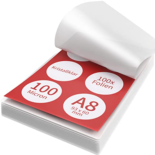 ACROPAQ Laminierfolien A8-100 mic, 100 Stück, Visitenkartenformat, Glaenzend, Premium Qualität, Abgerundete Ecken, Geeignet für Bastelmaterial und Beschilderungen - 18017
