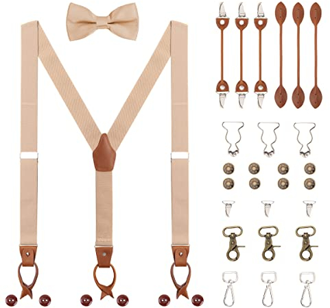 Herren Y-Form 3,5cm Breit Hosenträger & Fliege Set 6 WAY TO WEAR Knopf- Klammer- Hummer- Verschluss Latzhose Schnalle Verlängerte Hosenträger für Körpergröße 160-200cm - Beige
