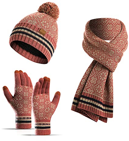 YULOONG Winter Beanie Mütze Schal Touchscreen Handschuhe 3 in 1 Set für Damen Rippstrick Rot