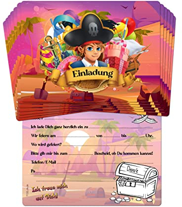 TOBJA® 12x Einladungskarten Kindergeburtstag Pirat - Einladung für Kinder mit Piraten-Motiv | Einladungskarten Geburtstag Jungen | Auch zur Einschulung o. Partyeinladungen