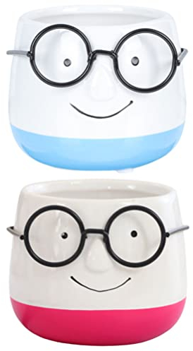 ABOOFAN 2 Pièces Dessin Animé Pot en Céramique Visage Planteurs Pots Lunettes Pots Nouveauté Pot de Fleur Stylo Porte-Brosse Tasse Intérieur Plante Conteneur pour Décorations pour La