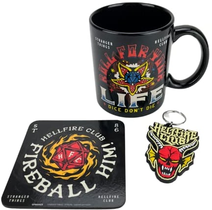 Stranger Things Geschenk-Set mit Tasse, Untersetzer und Schlüsselanhänger in Geschenkbox (Hellfire Design) 325ml Keramiktasse - Offizielle Merchandise