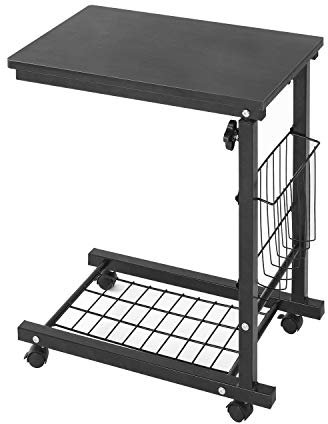 DlandHome Bollerwagen Betttisch, höhenverstellbar, 56 ~ 76 cm, Beistelltisch für Sofa, kleiner Couchtisch mit Rollen, U-Form, mit Korb, Laptop-Ständer für Frühstück, Schwarz