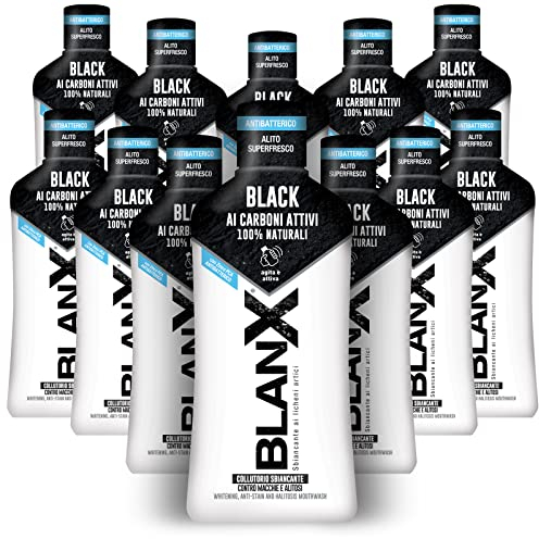 BlanX, Mundspülung zum Aufhellen, Schwarz, 12 Packungen à 500 ml, Mundspülung gegen Flecken und Aufheller, mit natürlichen Arktisflechten, Zink PCA und Aktivkohle, 100% natürlich, reparieren - Malz
